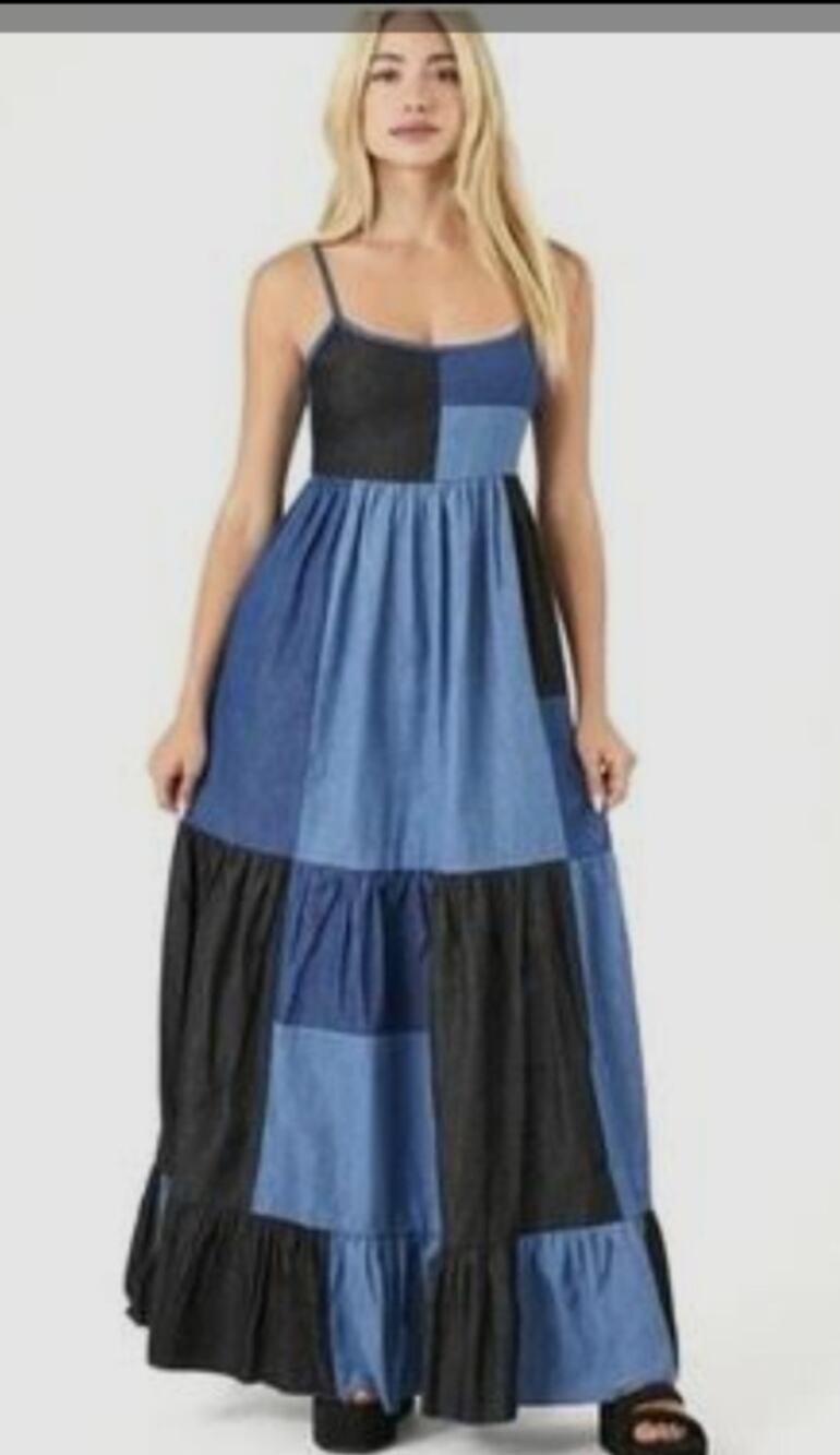 5861) Forever 21 Chambray Patchwork Boho Cotton Tiered Denim Tank Maxi Dress 2X